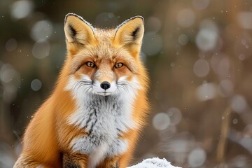 Fototapeta premium A majestic fox in a winter landscape with a blurred face to focus on the fur texture and natural environment