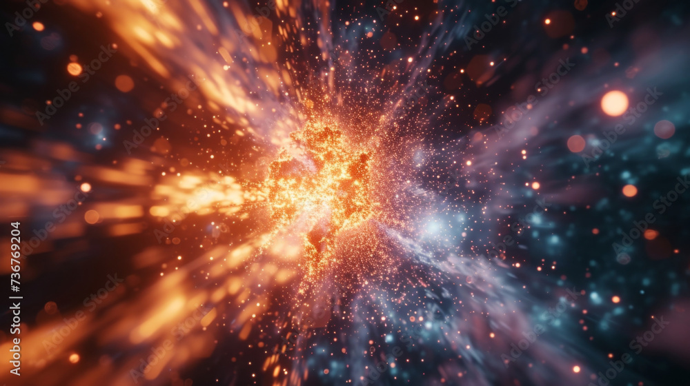 Poster fragmented fragments of light radiating from a central point capturing the explosive power and poten