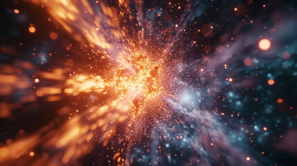 Fragmented fragments of light radiating from a central point capturing the explosive power and potential of harnessing the energy of the atom.