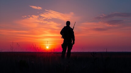 Heroic Hunter Against the Backdrop of a Setting Sun - A Dramatic Impression of Wilderness Adventure Captured in the Radiant Glow of Dusk
