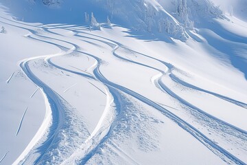 The image shows multiple ski tracks on a pristine snow-covered mountain, illustrating a popular winter sport and the beauty of nature