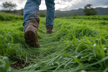 Focused on muddy boots making their way through wet and vibrant green grass, depicting rural life and nature exploration