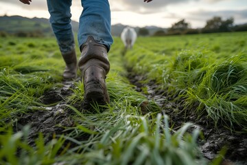 The image centers on someone's muddy boot steps in a green field, signifying perseverance through changing conditions - obrazy, fototapety, plakaty