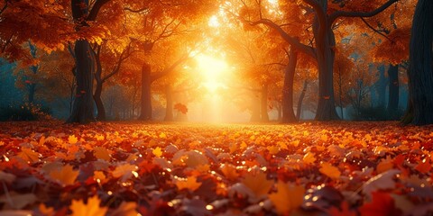 Sunlit autumn forest with a carpet of colorful leaves creating a magical seasonal landscape