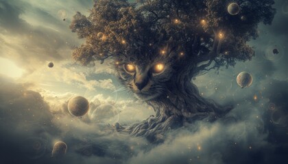 Unleash the Magic of Nature - A Surrealistic Journey into a Mystical World where Trees Transform into Giant Cats with Glowing Eyes, Enveloped by Floating Orbs and Ethereal Fog - obrazy, fototapety, plakaty