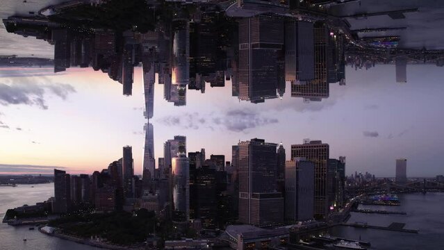 Doubling mirror effect, dramatic, sunset metropolis city reflection - CGI render