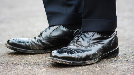 スーツの男性の汚れた革靴