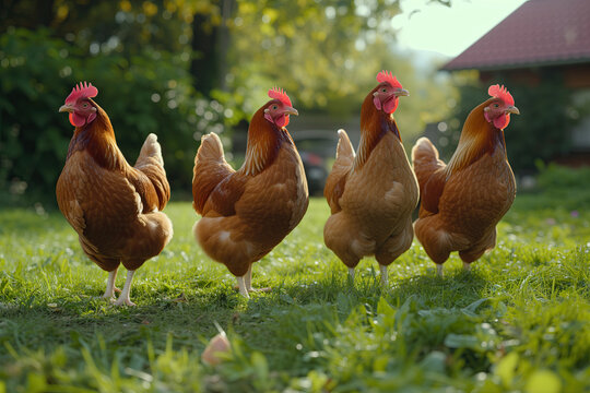 brown chicken farming and agriculture on grass field or outdoor. chicken or hen on a green meadow. chickens standing in field