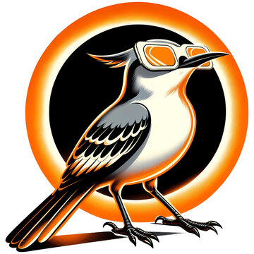recommend clip art: Stylized Northern Mockingbird in a cool pose with sunglasses, set against a striking orange halo, total solar eclipse clipart.