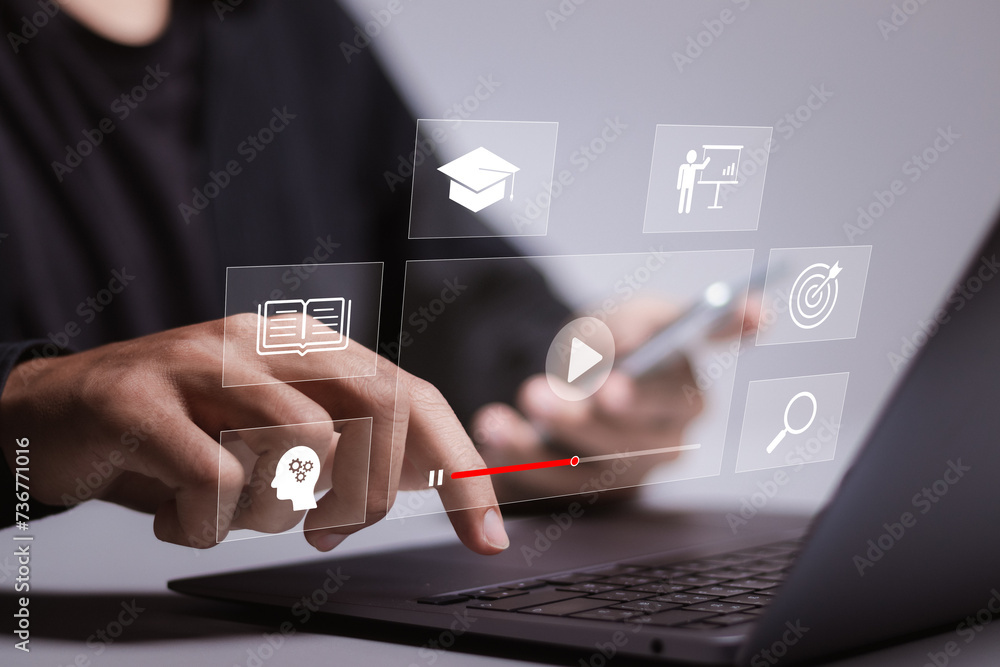 Poster e learning technology concept. increase business working skills. person using laptop to e-learning o