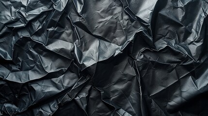 Close-up of crumpled black plastic sheet showcasing intricate textures and shadows - obrazy, fototapety, plakaty