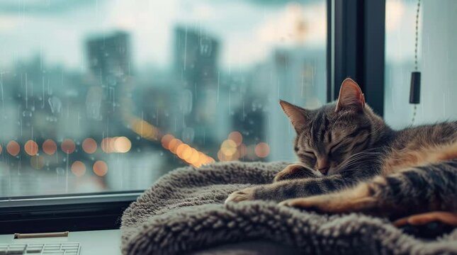 Cat Sleeping by Rainy Window: Cozy Indoor Scene Seamless looping 4k time-lapse virtual video animation background. Generated AI