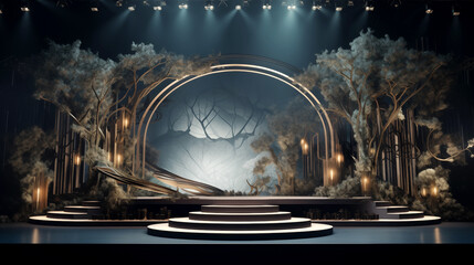 Stage platform with geometric shapes, lighting and a background of nature for event and performance
