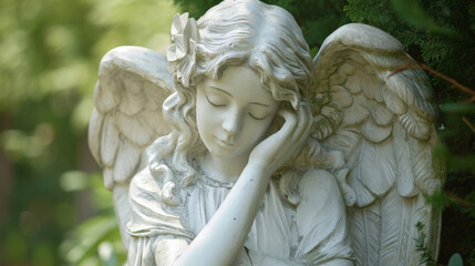A serene angel with a peaceful demeanor inspiring a sculptor to create calming and soothing sculptures that bring a sense of tranquility to those who view them. - obrazy, fototapety, plakaty