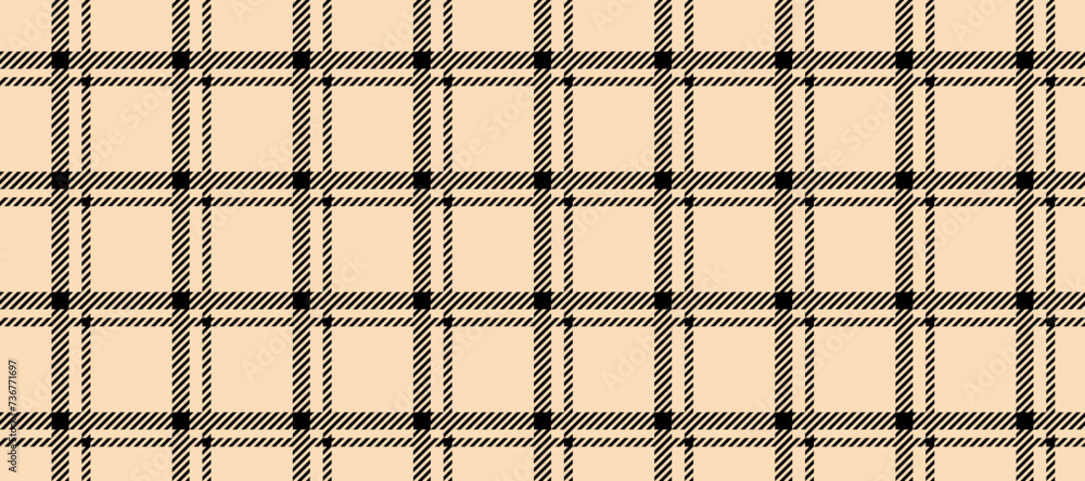 Poster Seamless beige gingham pattern. Checkered plaid repeating background. Windowpane tartan texture print for textile, fabric. Repeated neutral brown and black check wallpaper. Vector tattersall backdrop