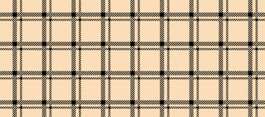 Seamless beige gingham pattern. Checkered plaid repeating background. Windowpane tartan texture print for textile, fabric. Repeated neutral brown and black check wallpaper. Vector tattersall backdrop