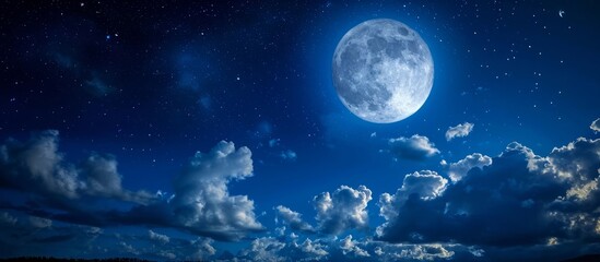 The moon is glowing in the electric blue sky, surrounded by fluffy cumulus clouds on a picturesque night, creating a mystical atmosphere in the world
