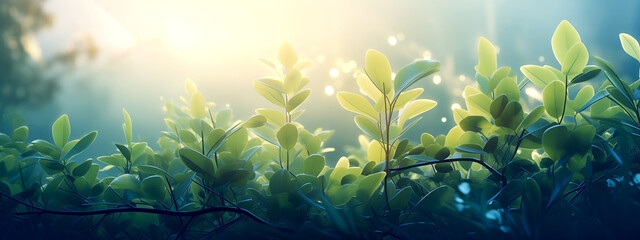 Green leaves illuminated by the morning sun - spring summer nature.