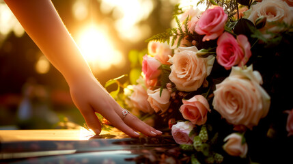 Widow laying flowers on coffin close-up
