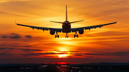 Fototapeta premium Airplane Taking Off at Sunset