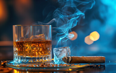 Elegant Whiskey Glass and Cigar Amidst Smoke