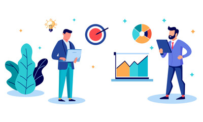 Two Business Marketing illustrations. Taking part in business activities. vector character style.