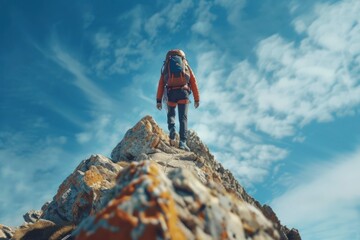 a hiker reached the top of a mountain, beautiful scenery with blue sky