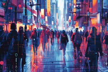 a crowd of people walking on busy urban city streets with a system of AI Facial Recognition scanning each person, a Big Data analysis interface