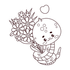 Cute snake with flowers. Romantic reptile kawaii character. Line drawing, coloring book. Vector illustration with cartoon love serpent .