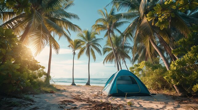 Idyllic seaside camping with a lone tent amidst tropical palm trees