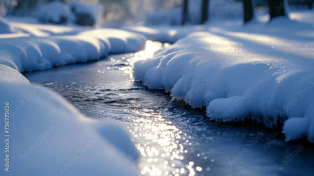 Poster closeup of a frozen stream showing the progression of snow turning from soft and fluffy to compact a