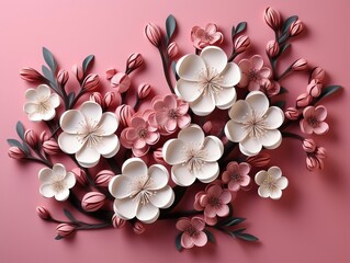 Pink flowers with leaves on pink background