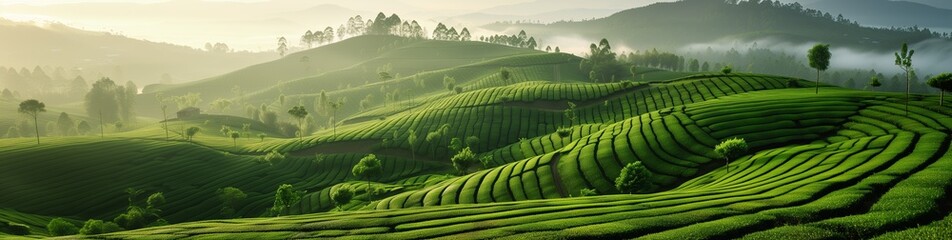 Beautiful green hill landscape. Scenic picture of tea plantation. Long side sunny green panorama with bushes of tea.