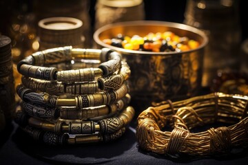 Mummy's Mystery: Display jewelry with hints of ancient mummy wrappings. - obrazy, fototapety, plakaty