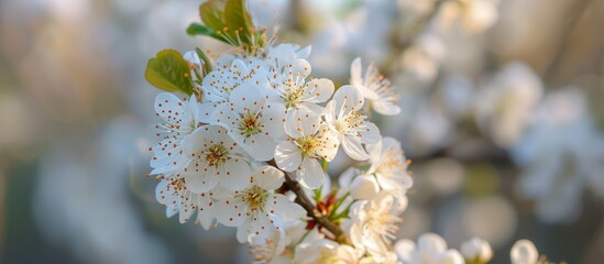 White blossoming flowers on a tree seen up close.