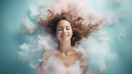 Dreamy woman with clouds, surreal creative concept