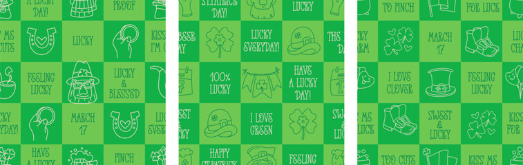 St Patricks Day funny seamless pattern with a checkered green background and cute hand-drawn Irish holiday quotes, icons, symbols, and elements.