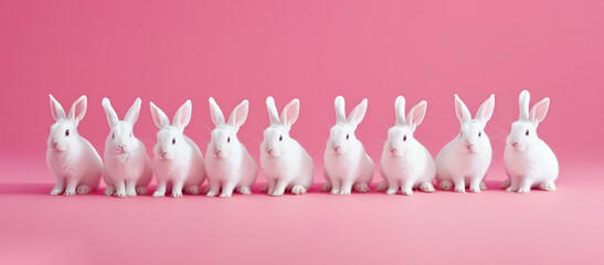 Group of bunnies on pink background. Easter background or spring concept. Ten white bunny rabbits sitting in a row and looking at camera. Selective focus.