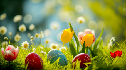 Easter eggs with tulips on green grass on a sunny day