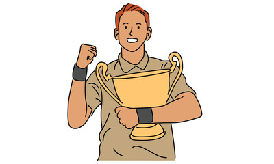 line art color of man holding golden trophy vector illustration