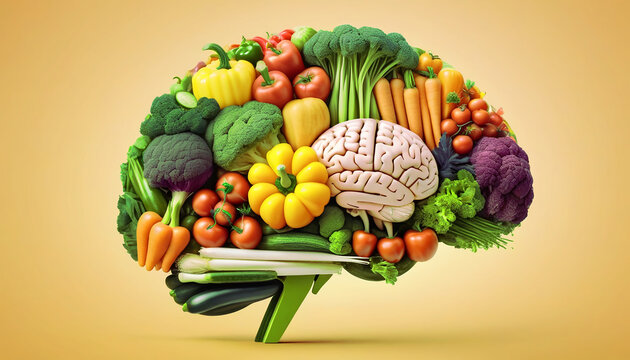 nutrition concept - human brain made of colorful vegetables isolated. vitamin, vegetable, vegetarian concept. 
