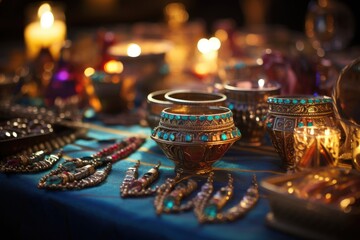 Pharaoh's Banquet Gleam: Arrange jewelry on a miniature banquet table. - obrazy, fototapety, plakaty