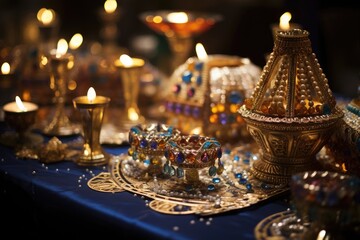 Fototapeta na wymiar Pharaoh's Banquet Gleam: Arrange jewelry on a miniature banquet table.