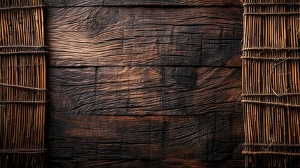 Artistic top view of bamboo mat texture on a dark wooden backdrop
