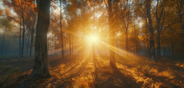 beautiful sunrise with the sun streaking through the trees in the forest. autumn nature