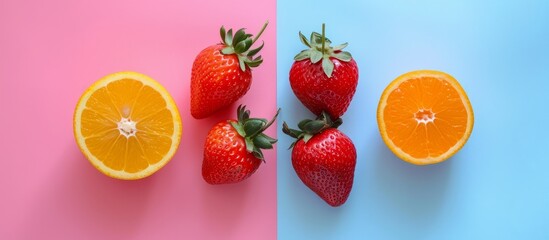 strawberries and oranges on a pink and blue background . High quality