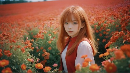 happy Asuka Langley Soryu standing in a beautiful field of flowers, colorful flowers everywhere, perfect lighting,