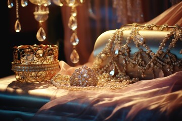 Fototapeta na wymiar Cleopatra Boudoir Glam: Emphasize jewelry on a luxurious boudoir setup.