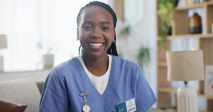 Happy, face and african nurse on sofa, confident and career pride for volunteer care or medical support. Caregiver, smile or portrait for healthcare service, assisted living or trust in nursing home