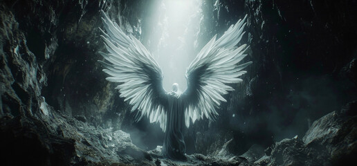 A winged creature with obsidian wings emerging from the depths of a dark cave its eyes glowing with otherworldly knowledge.
